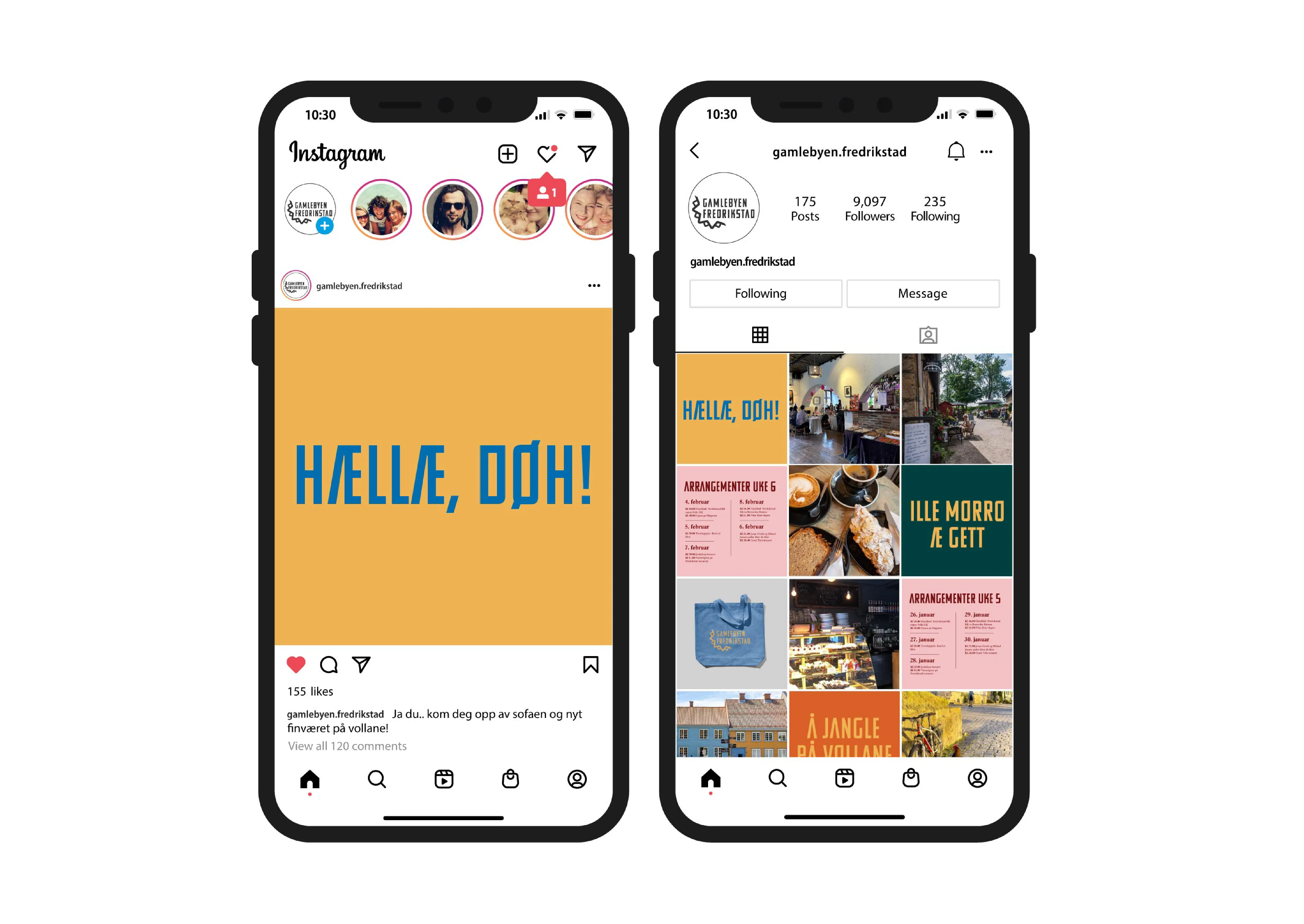 Instagram-posts for Gamlebyen Fredrikstad med stemningsbilder og typografiske uttrykk