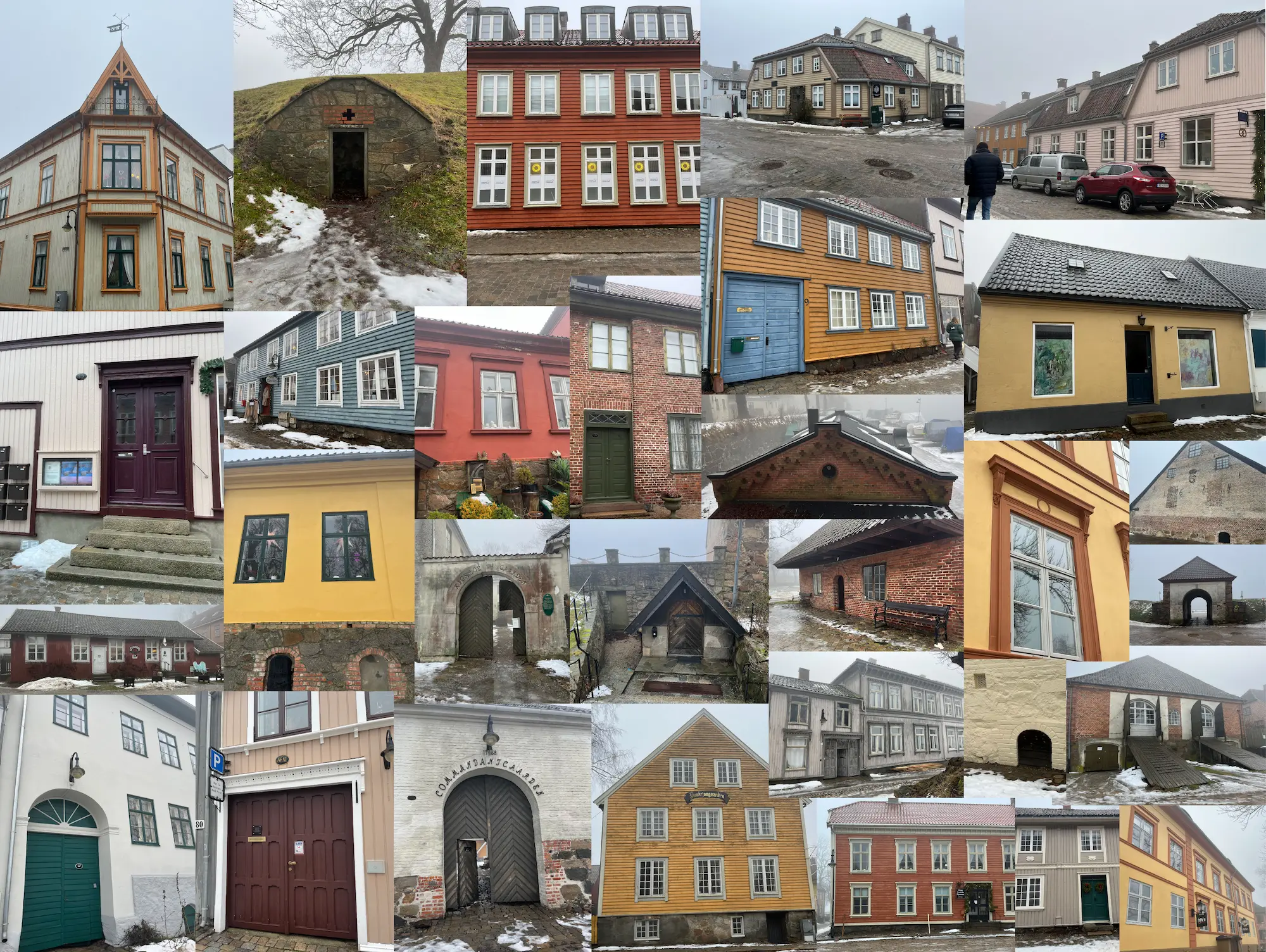 Moodboard med arkitektur fra Gamlebyen – fargerike bygninger og festningsanlegg