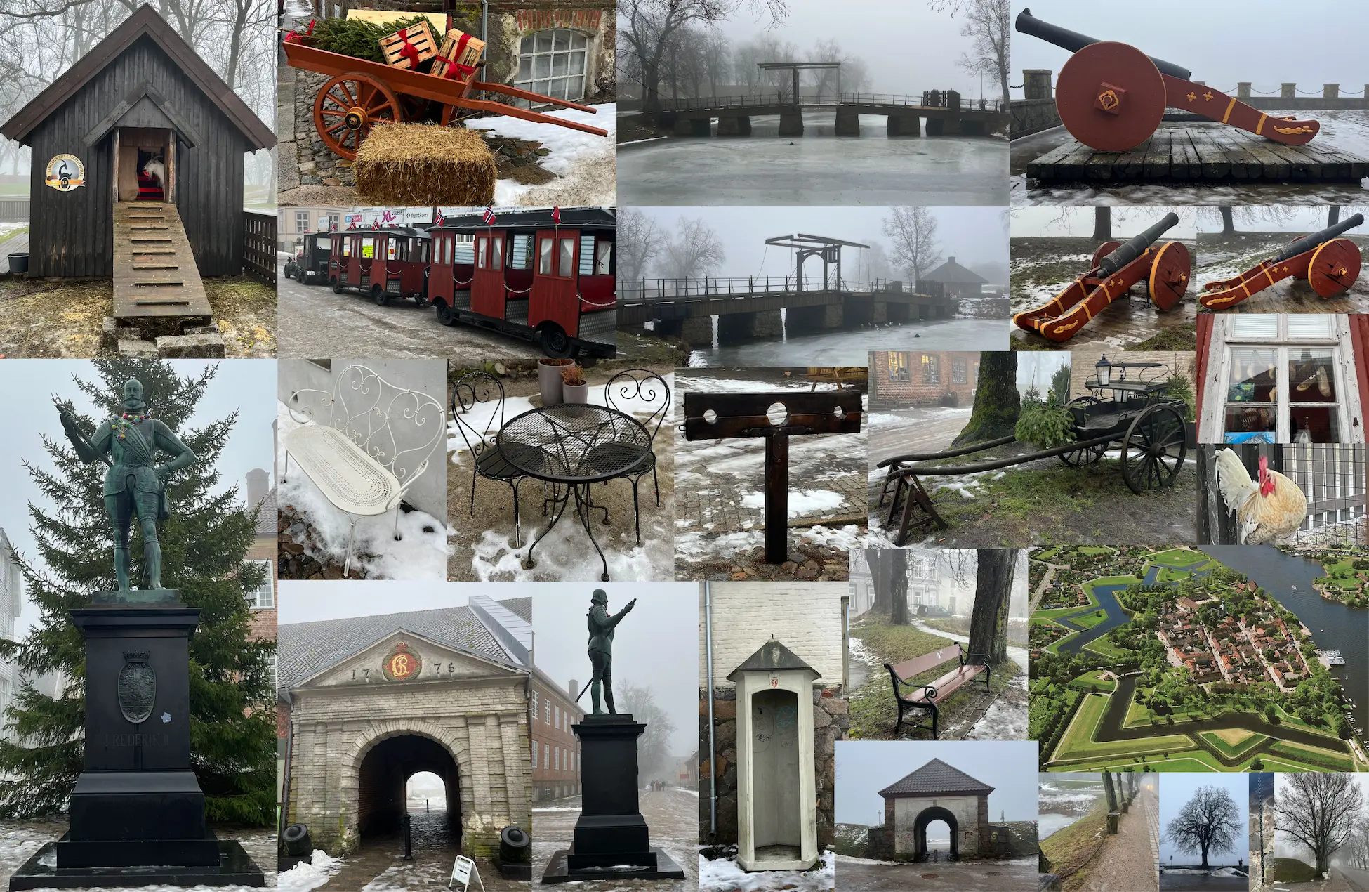 Moodboard med kjennetegn fra Gamlebyen – stjerneform, kanoner og porter