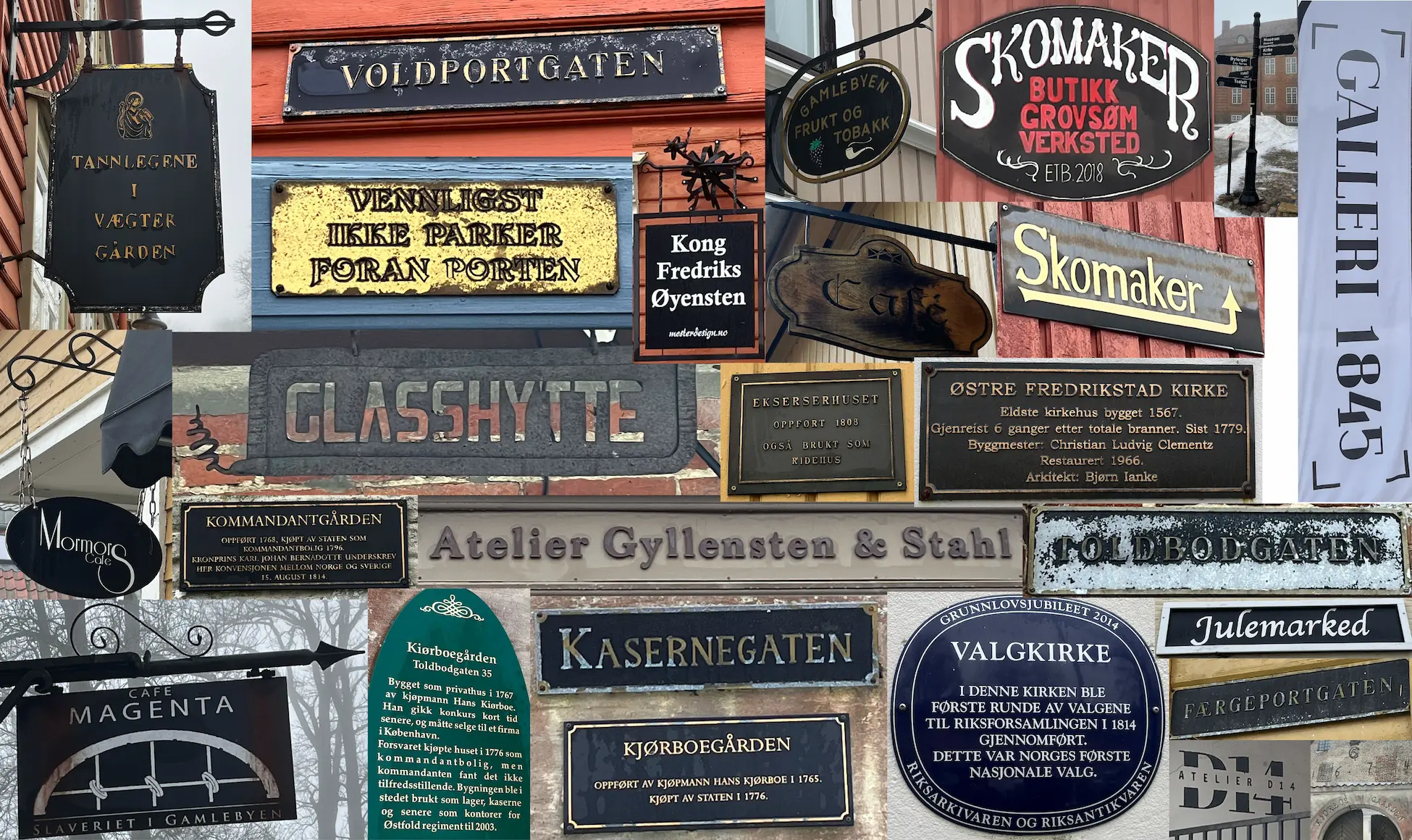 Moodboard med skrift og skilting fra Gamlebyen – ulike stiler og epoker