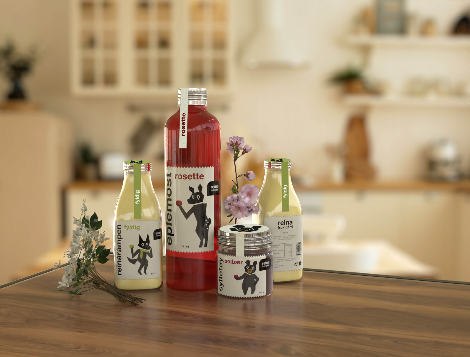 Diverse Reina Fruktgård produkter på et bord